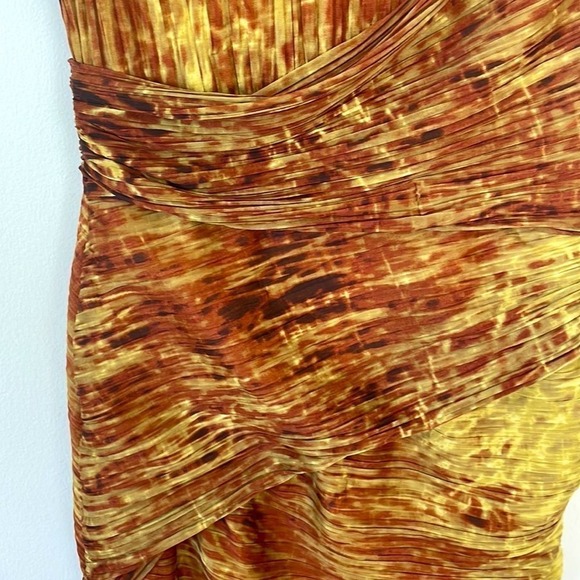 Halston Heritage brown mustard abstract bodycon ruched wiggle Dress 10 - Picture 5 of 6